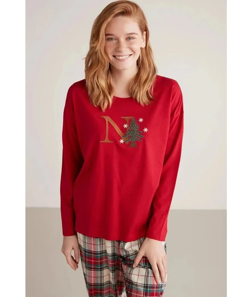 W606 Kadın Uzun Kollu Ekoseli Pijama Takımı - 2