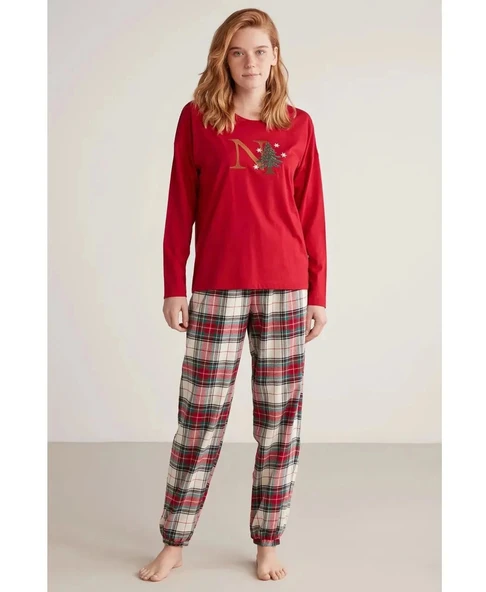 W606 Kadın Uzun Kollu Ekoseli Pijama Takımı