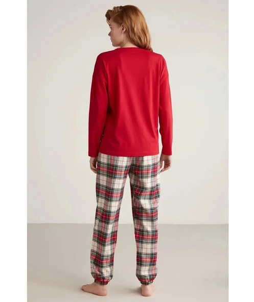W606 Kadın Uzun Kollu Ekoseli Pijama Takımı - 4