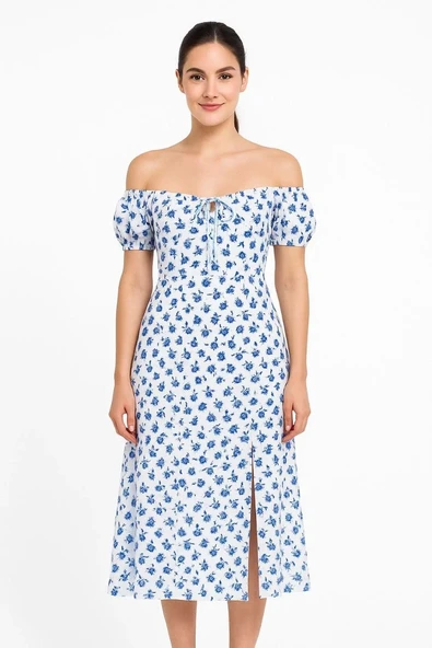 Bardot Omuzu Acık Çiçek Desenli Elbise - Desenli ürün görseli 1