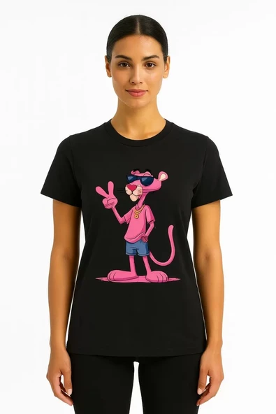 Kadın Bisiklet Yaka Kısa Kollu Baskılı T-shirt - Siyah - Resim 2