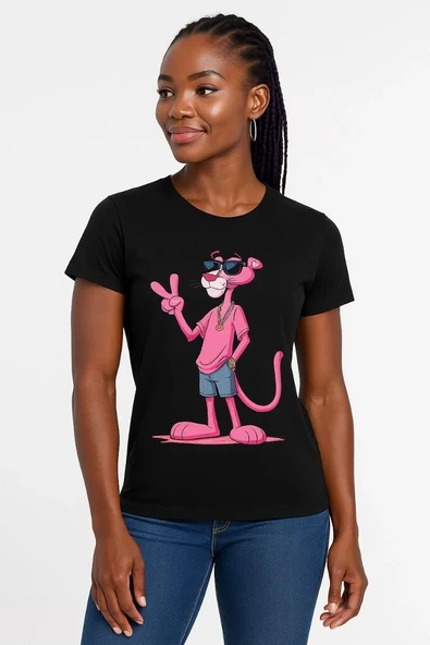 Kadın Bisiklet Yaka Kısa Kollu Baskılı T-shirt - Siyah - Resim 3