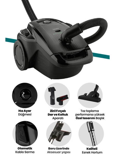 Goldmaster Fuerza Siyah 4 Litre Geniş Kapasiteli Hız Ayarlı Toz Torbalı 5 Yıl Garantili Elektrikli Süpürge ürün görseli 1