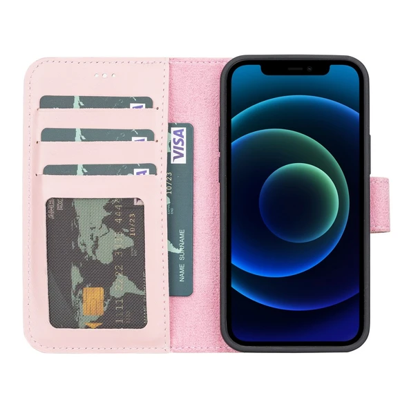 Apple iPhone 13 Mini Uyumlu Deri Cüzdanlı Kılıf NU2 Pembe - Resim 2