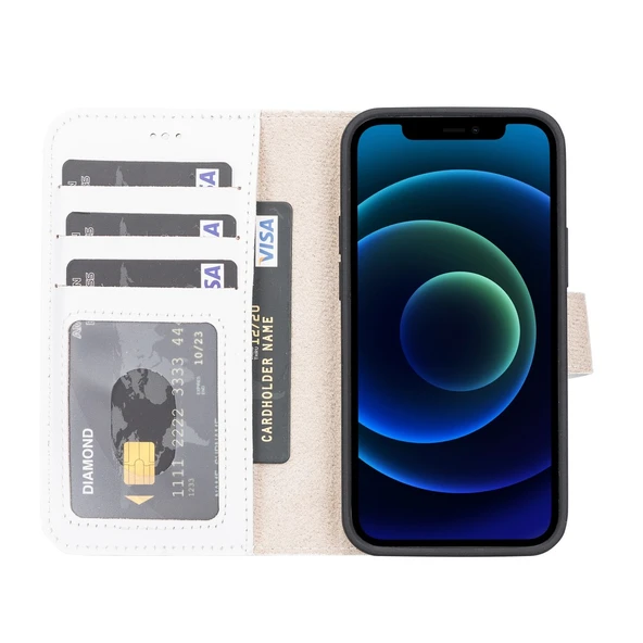 Apple iPhone 13 Mini Uyumlu Deri Cüzdanlı Kılıf F3 Beyaz - Resim 2