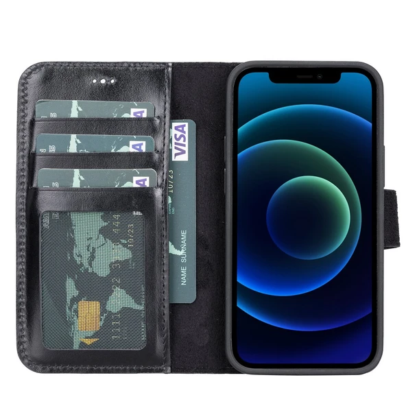 Apple iPhone 13 Mini Uyumlu Deri Cüzdanlı Kılıf RST1 Siyah - 2