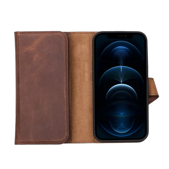 Apple iPhone 13 Pro Uyumlu Deri Cüzdanlı Kılıf Santa G2 Kahve - 5