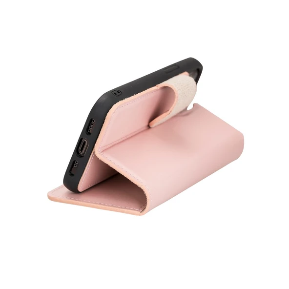 Apple iPhone 12 mini Uyumlu Deri Cüzdanlı Kılıf NU2 Pembe - 5