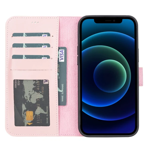 Apple iPhone 13 Pro Max Uyumlu Deri Cüzdanlı Kılıf NU2 Pembe - Resim 2