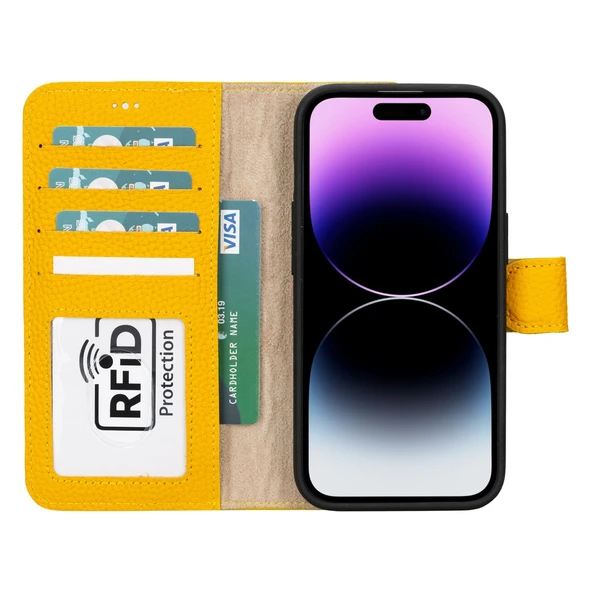 Apple iPhone 15 Uyumlu Deri Cüzdanlı Kılıf MWWN FL12 Sarı - 2