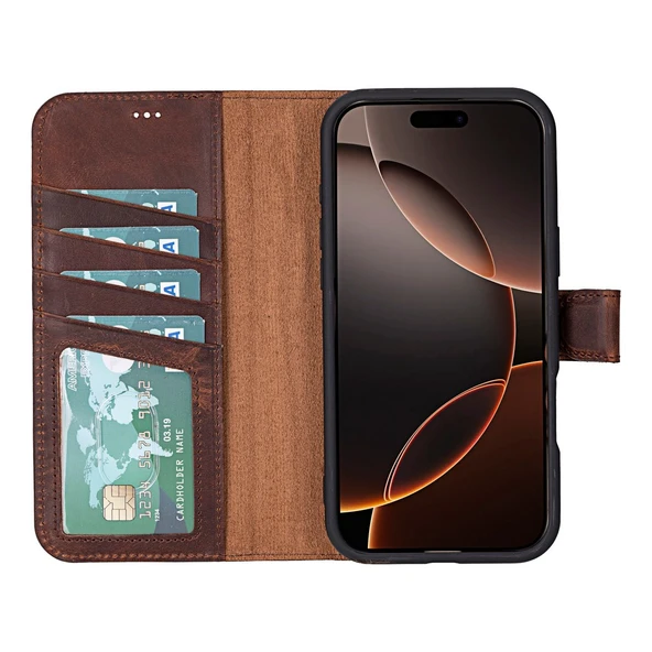 Apple iPhone 16 Pro uyumlu, Hakiki Deri, El Yapımı, Cüzdanlı Kılıf, Antik Kahve - Resim 2