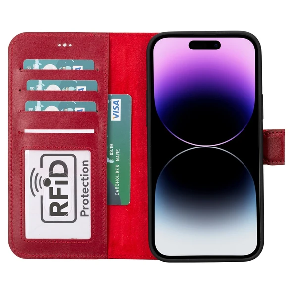 Apple iPhone 15 Plus Uyumlu Deri Cüzdanlı Kılıf MWWN V4EF Kırmızı - 2