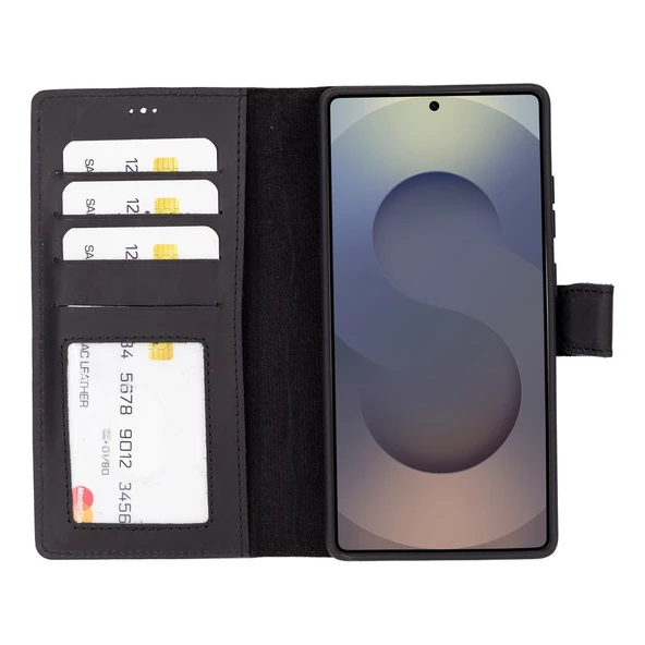 Samsung Galaxy S25 Ultra uyumlu, Hakiki Deri, El Yapımı, Cüzdanlı Kılıf, Mat Siyah - Resim 2