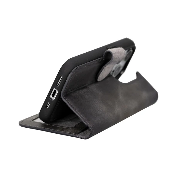 Apple iPhone 15 Pro Uyumlu Deri Cüzdanlı Kılıf MWWN VS4EF Gri - Resim 3