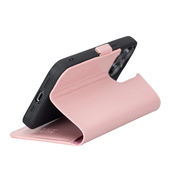 Apple iPhone 13 Pro Uyumlu Deri Cüzdanlı Kılıf Toz Pembe - Resim 5