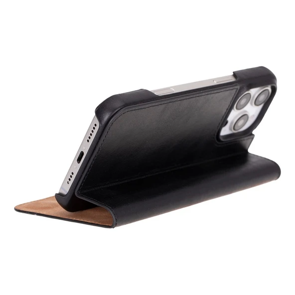 Apple iPhone 16 Pro uyumlu, Hakiki Deri, El Yapımı, Cüzdanlı Kılıf, Parlak Siyah - Resim 2