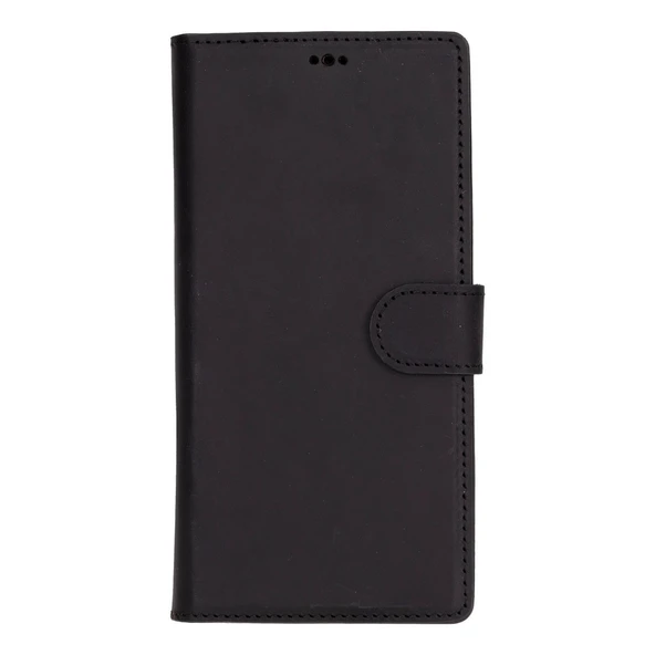 Samsung Galaxy S25 Ultra uyumlu, Hakiki Deri, El Yapımı, Cüzdanlı Kılıf, Mat Siyah - Resim 4