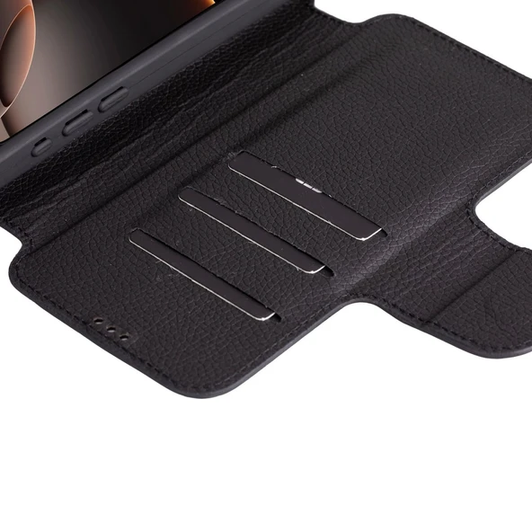 Apple iPhone 16 Pro Max uyumlu, Hakiki Deri, El Yapımı, Cüzdanlı Kılıf, Parlak Siyah - Resim 2