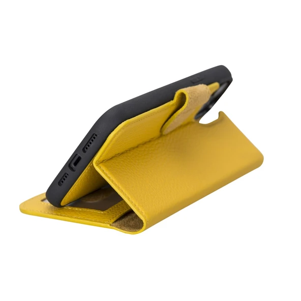 Apple iPhone 14 Plus Uyumlu Deri Cüzdanlı Kılıf MWWN FL12 Sarı - Resim 2