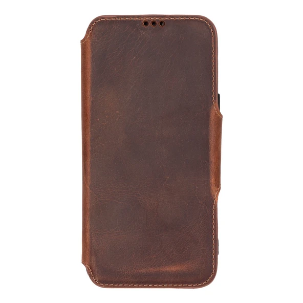 Apple iPhone 16 Pro uyumlu, Hakiki Deri, El Yapımı, Cüzdanlı Kılıf, Antik Kahve - Resim 3