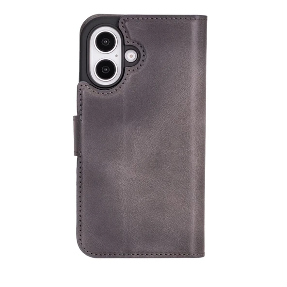 Apple iPhone 16 Plus uyumlu, Hakiki Deri, El Yapımı, Cüzdanlı Kılıf, Gölgeli Gri - Resim 5