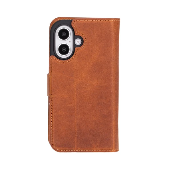 Apple iPhone 16 Plus uyumlu, Hakiki Deri, El Yapımı, Cüzdanlı Kılıf, Karamel - Resim 5