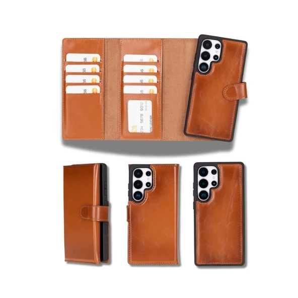 Samsung Galaxy S25 Ultra uyumlu, Hakiki Deri, El Yapımı, Cüzdanlı Kılıf, Gölgeli Taba ürün görseli