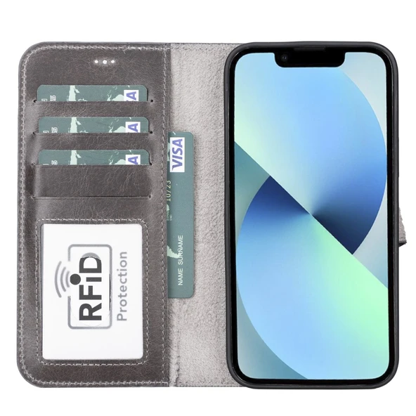 Apple iPhone 13 Pro Max Uyumlu Deri Cüzdanlı Kılıf MWWN TN1 Gri - Resim 2