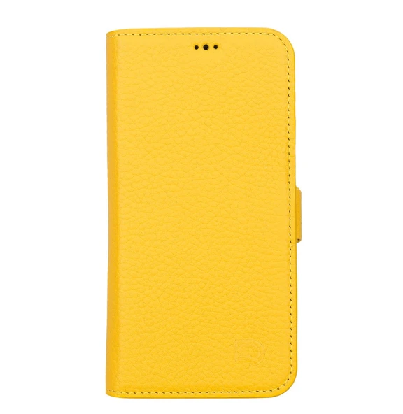 Apple iPhone 13 Pro Uyumlu Deri Cüzdanlı Kılıf Limon Sarı - Resim 2