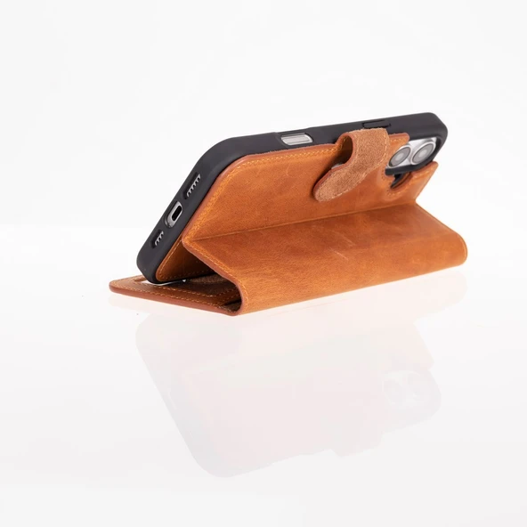 Apple iPhone 16 Plus uyumlu, Hakiki Deri, El Yapımı, Cüzdanlı Kılıf, Karamel - Resim 3