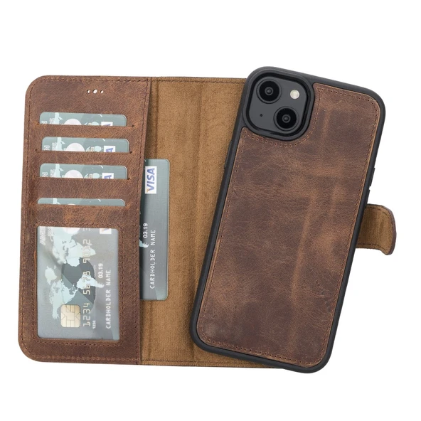 Apple iPhone 14 Plus Uyumlu Deri Cüzdanlı Kılıf MWWN G2 Kahve ürün görseli