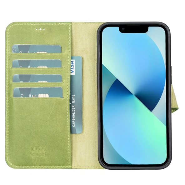 Apple iPhone 13 Uyumlu Deri Cüzdanlı Kılıf Antik yeşil - Resim 4