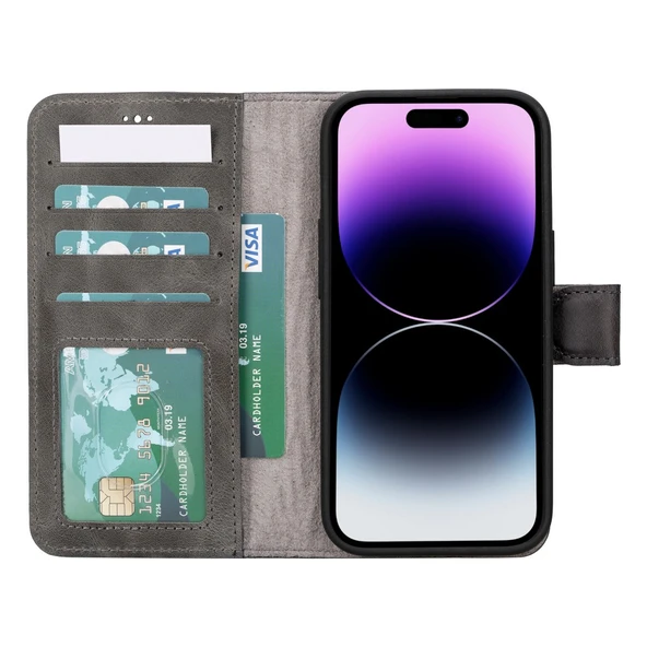 Apple iPhone 15 Uyumlu Deri Cüzdanlı Kılıf MWWN VS4EF Gri - Resim 2