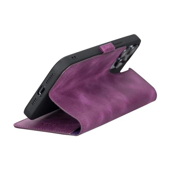 Apple iPhone 13 Pro Max Uyumlu Deri Cüzdanlı Kılıf Rustik Mor - Resim 4