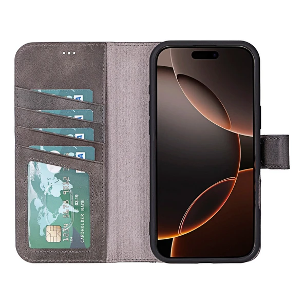 Apple iPhone 16 Pro uyumlu, Hakiki Deri, El Yapımı, Cüzdanlı Kılıf, Gölgeli Gri - Resim 2