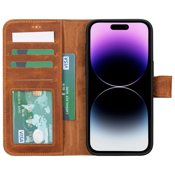 Apple iPhone 15 Pro Max Uyumlu Deri Cüzdanlı Kılıf MWWN G19 Taba - Resim 2