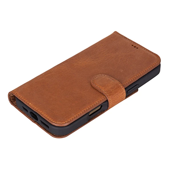 Apple iPhone 16 Pro uyumlu, Hakiki Deri, El Yapımı, Cüzdanlı Kılıf, Karamel - Resim 5