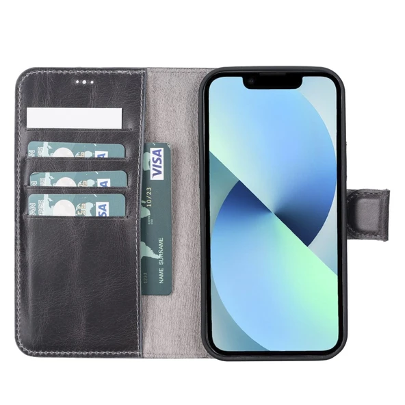 Apple iPhone 12 Pro Uyumlu Deri Cüzdanlı Kılıf VS4EF Gri - 2