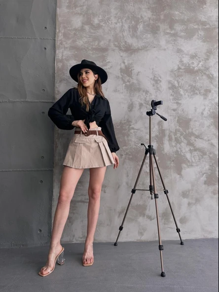 Kemerli Kapak Detaylı Şort Etek - Resim 2