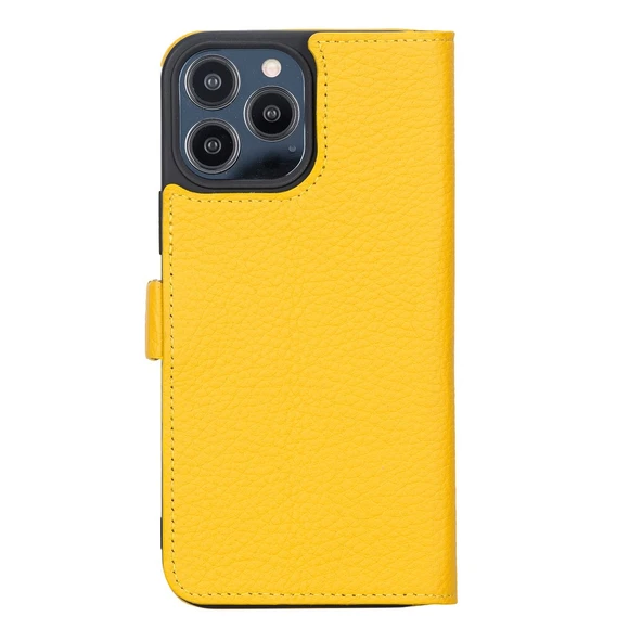 Apple iPhone 13 Pro Max Uyumlu Deri Cüzdanlı Kılıf Limon Sarı - Resim 3