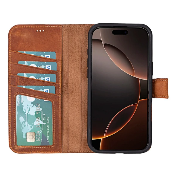 Apple iPhone 16 Pro Max uyumlu, Hakiki Deri, El Yapımı, Cüzdanlı Kılıf, Karamel - Resim 4