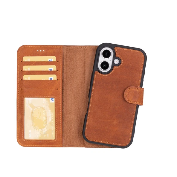 Apple iPhone 16 Plus uyumlu, Hakiki Deri, El Yapımı, Cüzdanlı Kılıf, Karamel ürün görseli