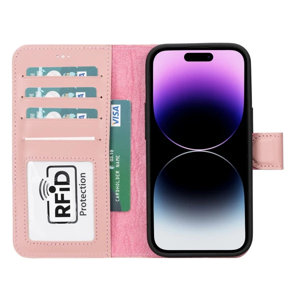 Apple iPhone 15 Uyumlu Deri Cüzdanlı Kılıf MWWN NU2 Pembe - 2