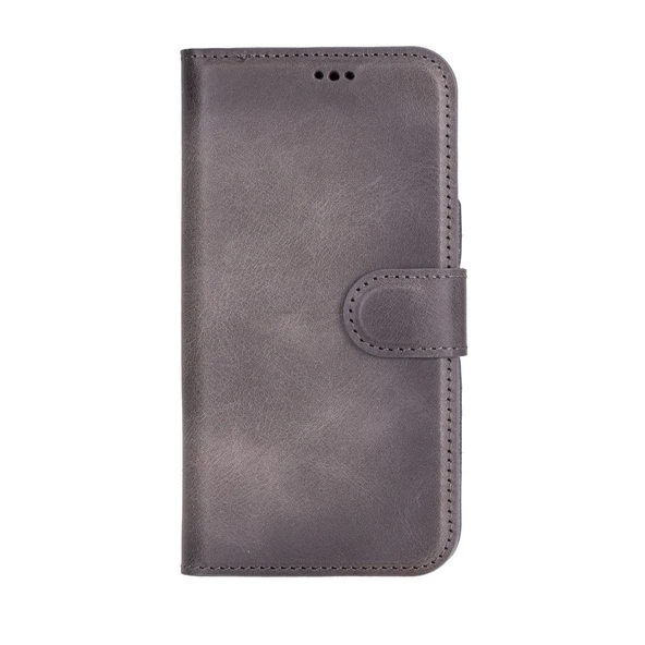 Apple iPhone 16 uyumlu, Hakiki Deri, El Yapımı, Cüzdanlı Kılıf, Gölgeli Gri - Resim 4