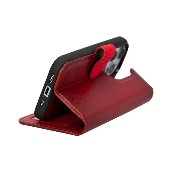Apple iPhone 15 Pro Uyumlu Deri Cüzdanlı Kılıf MWWN V4EF Kırmızı - Resim 3