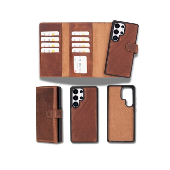 Samsung Galaxy S25 Ultra uyumlu, Hakiki Deri, El Yapımı, Cüzdanlı Kılıf, Antik Kahve ürün görseli
