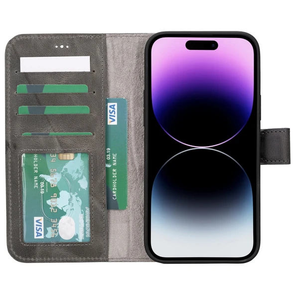 Apple iPhone 15 Plus Uyumlu Deri Cüzdanlı Kılıf MWWN VS4EF Gri - Resim 2