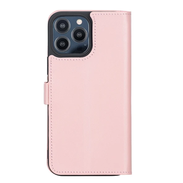 Apple iPhone 13 Pro Max Uyumlu Deri Cüzdanlı Kılıf Toz Pembe - Resim 3