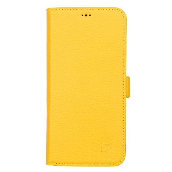 Apple iPhone 13 Pro Max Uyumlu Deri Cüzdanlı Kılıf Limon Sarı - Resim 2