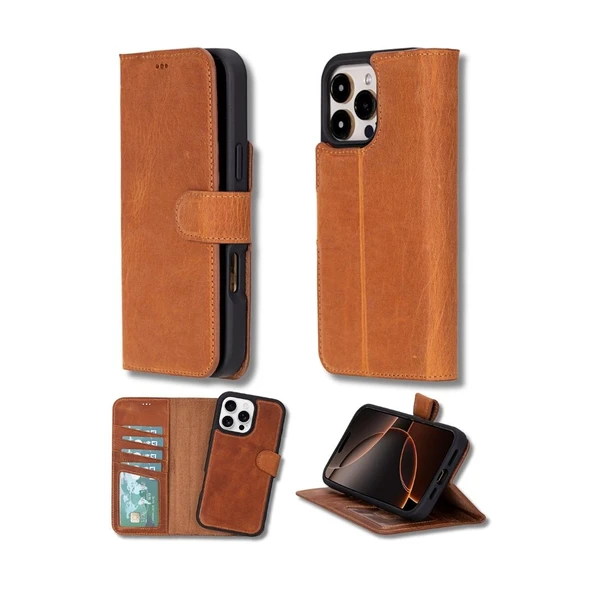 Apple iPhone 16 Pro uyumlu, Hakiki Deri, El Yapımı, Cüzdanlı Kılıf, Karamel ürün görseli